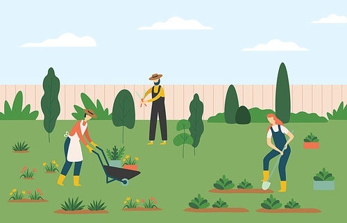 People gardening, woman and man farmers agricultural workers growing plants and flowers on lawn or backyard. Character pulling wheelbarrow with pots, man working with scissors vector illustration