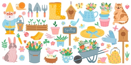 Spring elements. Blooming flower, cute animals and birds. Springtime garden decoration, birdhouse, tool and plants, drawn cartoon vector set. Wheelbarrow with tulips, leaves, boots