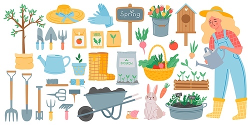 Gardening tools. Spring garden equipment - hoe, fork, shovel and rake, wheelbarrow and seeds. Woman watering plants. Horticulture vector set. Rabbit and snail, basket with vegetables