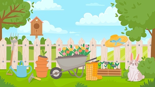 Garden landscape with tools. Cartoon spring poster with yard and fence, wheelbarrow, flowers, seedling and pots. Gardening vector concept. Birdhouse, gumboots and watering can on grass