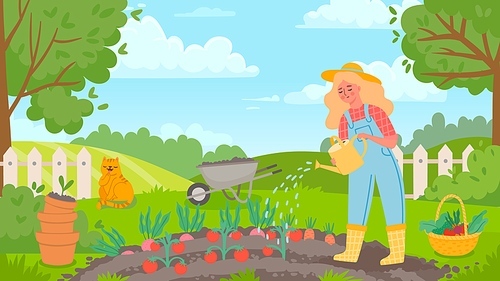 Woman watering garden. Female gardener works, farming, grows vegetables and waters tomato. Agriculture landscape and farmer vector concept. Girl in hat with basket full fresh veggies