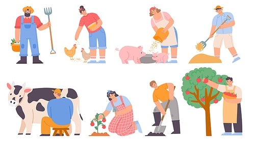 Working farmers. Agricultural worker milk cow, feed chickens and pigs, harvesting apples and planting. Cartoon farm woman and man vector set. Illustration farmer worker, chicken and agriculture