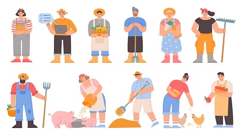 Cartoon farmers. Agricultural workers hold vegetables and farming tools, feed pig and chickens, dry hay. Garden or farm character vector set. Illustration farm worker with characters and animal