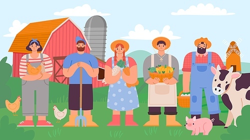 Farmers team. Cartoon agricultural man and woman with fresh product and farm animals. Rural landscape and agriculture workers vector concept. Illustration team farm, woman and man job worker