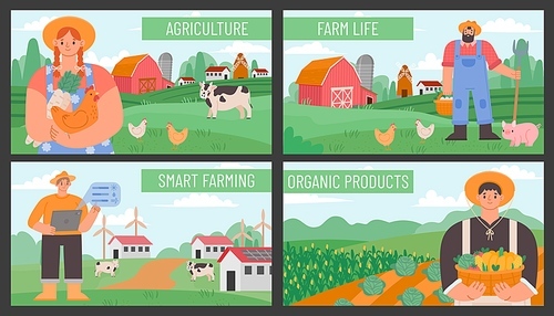 Farm banners. Posters with countryside agriculture landscape and farmers. Smart and eco farming technology. Organic farm products vector set. Illustration of farm countryside landscape