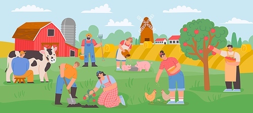 Farming landscape with workers. Countryside farmer community feed animals, milk cow and grow vegetables and fruits. Flat farm vector concept. Agriculture farming countryside with people illustration
