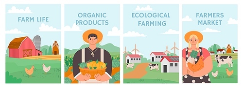 Farm posters. Agriculture field, agronomy and stock concept. Farmers grow organic nature food. Farm market, agricultural business vector set. Illustration farming harvest poster and banner