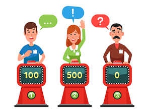 Characters answer test question on intellect show. Gaming cartoon man and woman pressing button and answering quiz questions. Game trivia competition vector flat illustration