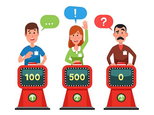 Characters answer test question on intellect show. Gaming cartoon man and woman pressing button and answering quiz questions. Game trivia competition vector flat illustration