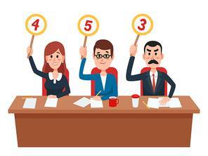 Jury. Judges group show scorecards with assessment opinion or score. Judge people on quiz show, college evaluation flat vector illustration