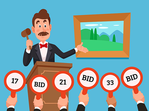 Man on stand leading auction hold gavel. People businessman character make bets on auctions bidding by raising bid paddles with numbers to buy a piece of art colorful vector flat concept illustration