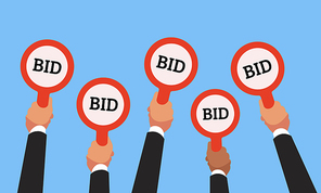 Businessman buyers hands raising auction bid paddles with numbers of competitive bidding price. Auction business bidders raise hand on blue background flat vector concept illustration