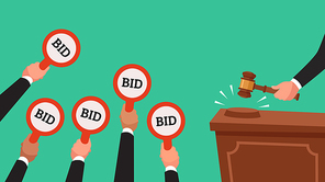 Auctioneer hold gavel in hand. Buyers competitive raising arm holding bid paddles with numbers of price. Auction bidding businessman human trade market colorful vector concept flat illustration