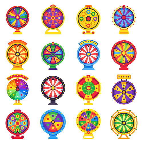 Fortune wheel. Betting wheels, lucky spin bankrupt or winner and bet roulette chance jackpot lottery, risk opportunity money bet spinning casino game flat vector isolated icons set