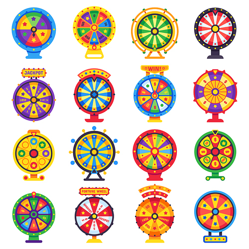 Wheel of fortune. Turning lucky spin game wheels, spinning money roulette motion, gamble opportunity win prize. Gambling casino jackpot luck chance isolated symbols flat vector set