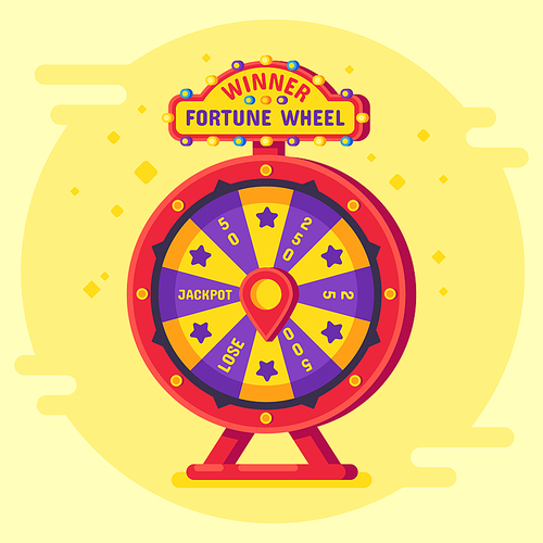 Fortune wheel winner. Lucky chance spin wheels game, modern turning money roulette spin lottery winner risk jackpot gaming and spinning gambling entertainment vector flat poster