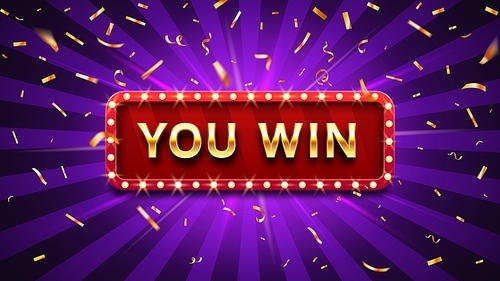 you win banner. winner congratulations , golden win congratulating framed sign and winning gold confetti. surprise winning, achievement or prize gift notification poster vector illustration