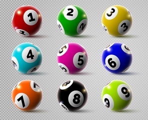 Realistic lottery bingo or keno game balls with numbers. 3d lotto or billiard ball. Lucky gambling sport, casino lottery spheres vector set. Illustration of bingo game, lottery gambling