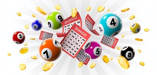 Bingo winner background with lottery tickets, balls and gold coins. Realistic keno gambling game win poster with cards burs vector concept. Illustration of lotto jackpot, casino gamble leisure