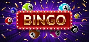 Winner poster with lottery balls with numbers, confetti and golden bingo. Realistic lotto game big win background. Gambling vector concept. Illustration of winner lottery, game gambling