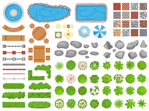 Top view park items. Garden walkway, outdoor relaxing parks furniture and gardens trees aerial. Pool, table and chair or garden relax architectural isolated vector illustration icons set