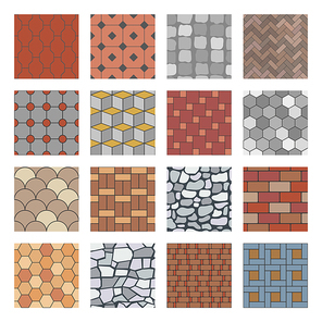 Paving stone pattern. Brick paver walkway, rock stones slab and street pavement floor block. Architectural elements, garden stones floor road. Seamless isolated vector patterns set