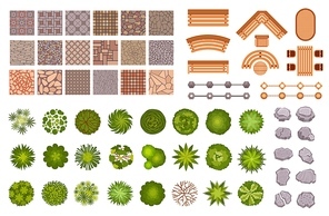City park landscape design map elements top view. Garden trees and plant, benches, road path tile and rocks from above. Park plan vector set of element to landscape outdoor and map