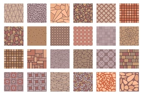 Street road pavements tile patterns top view. Floor tiles with rock, brick and cobble stone texture. Paved patio or park sidewalk vector set of road pattern street tile for pavement illustration