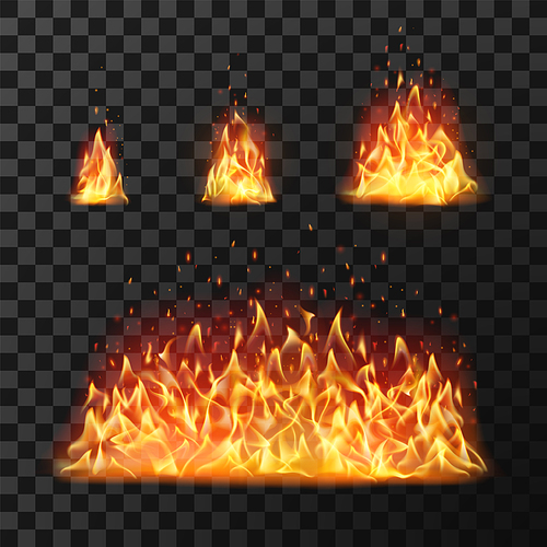 Burning fire flames or hot flaming blaze fireball. Blazing fires symbol or red cartoon forest campfire warm fireplace silhouette isolated vector icon flame realistic set