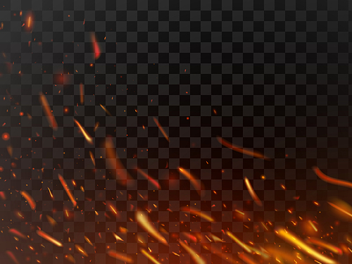 close-up hot fiery sparkles and flame particles isolated spark. inferno red yellow hell grill burning fire sparks and grill abstract flaming flakes wood logs light power energy dark vector
