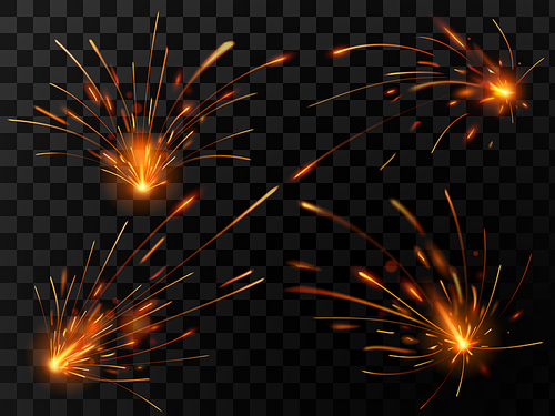 Realistic fire sparks. Spark flow of steel welding or metal cutting work. Electrical explosion sparkles of fiery industrial light or bengal burnt, sparklers glow flame vector isolated symbol set
