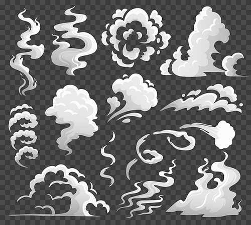 Smoke clouds. Comic steam cloud, fume eddy and vapor flow. Dust clouds or cigarette steaming smoke steam. Cloudy smog explosion isolated cartoon vector illustration icons set