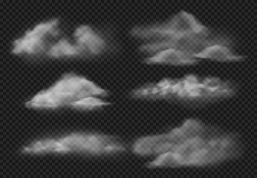 Realistic fog. Steam fogs clouds, smoke cloud and water vapor mist. Smoky air, fog shape of sky motion. 3d vector illustration isolated icons set