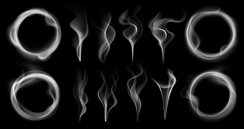Steam smoke shapes. Smoking vapor streams, steaming vaping ring and vapor waves translucent. Hookah, cigarette or vape smoke fog motion. Realistic 3D effect isolated vector symbols set