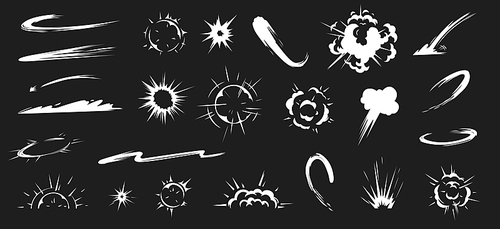 Comic energy explosion. Cartoon flame smoke cloud, speed hit vfx effect and promo flash blast. Smoking fog cloud, comic explosive puffs or swirl wind. Vector illustration isolated symbols set