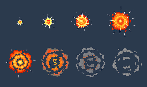 cartoon explosion animation. exploding effect s, animated shot explode with smoke clouds. exploding fire, explosions dynamite bomb energy. vector illustration isolated symbols set