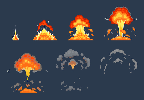 cartoon bomb explosion animation. exploding animated s, atomic explode effect and explosions smoke. dynamite bomb, firing blast shots game animation or gaming exploded vector illustration set