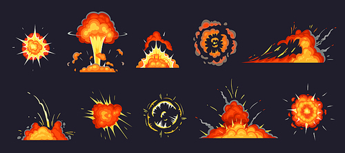 Cartoon explosion. Exploding bomb, atomic explode effect and comic explosions smoke clouds. Destruction explosion animation, comic bomb fire flame. Isolated vector illustration icons set