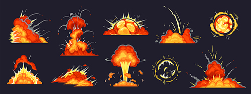 Cartoon bomb explosion. Dynamite explosions, danger explosive bomb detonation and atomic bombs cloud comics. Bomb dynamites detonators mobile game animation. Isolated vector illustration icons set