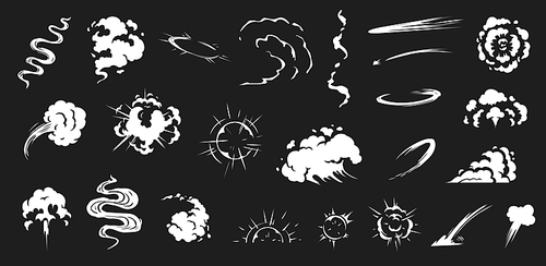 Comic smoke. Smoke puffs vfx, energy explosion effect and cartoon blast. Speed clouds motion, fog doodle or steam exploding. Vector illustration isolated symbols set