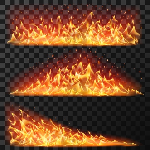 Realistic long fire. Horizontal bright flames and flare sparks for burning effect. Bonfire blaze elements for banners, isolated vector set. Illustration blazing flare, ignite fiery, danger red fire