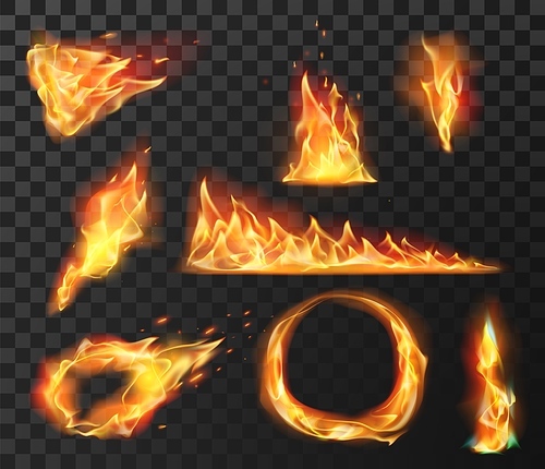 Realistic fire flame elements. Burning effects of fireball, circle, torch and wildfire. Flare blazing flames with bright sparks vector set. Fire burn effect, flame and heat energy