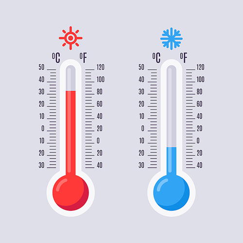 Flat thermometers. Hot and cold mercury thermometer control with accuracy meteorology fahrenheit and celsius scales temp. Warm sun heat and winter cool temperature blue red vector isolated icons set