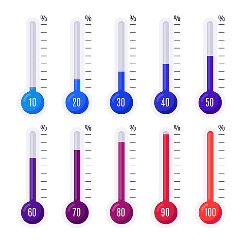 Thermometers with different temperatures. Goal measurement heat infographic thermometer hot and cold measure fahrenheit weather celsius vector colorful isolated collection