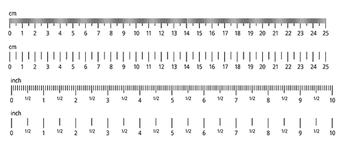 Inch and metric rulers. Centimeters and inches measuring scale cm metrics indicator. Precision measurement centimeter icon tools of measure size indication ruler tools. Vector isolated set