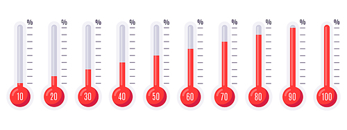 thermometers with different temperatures. weather scale icon set with various level percentage. temperature symbol isolated on white , fluid indicator vector illustration