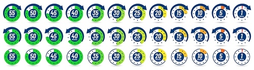 Color minutes icon. Timer, 1 minute ago and 5-55 minutes label dial with arrow. Set time vector icons set. Timer stopwatch, minute countdown measurement, vector illustration