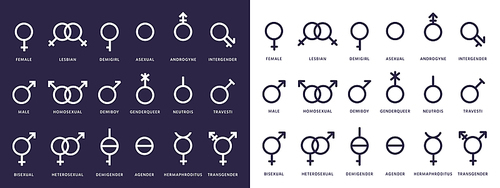 Gender symbol icons. Genderqueer, transgender and lesbian, bisexual pictograms. Lgbt, demiboy and gay, heterosexual vector isolated signs. Female and male gender, sexual transgender illustration