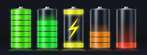 Realistic battery charging empty to full energy level. Glowing smartphone accumulator load icon with lightning. Charge indicator vector set. Gadget interface refill and capacity illustration