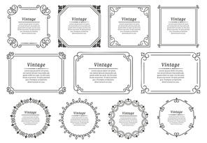 Royal hand drawn text frame. Retro elegant graphic frame, vintage ornamental border and decorative book emblem. Birthday or wedding victorian invitation divider. Certificate isolated vector icons set